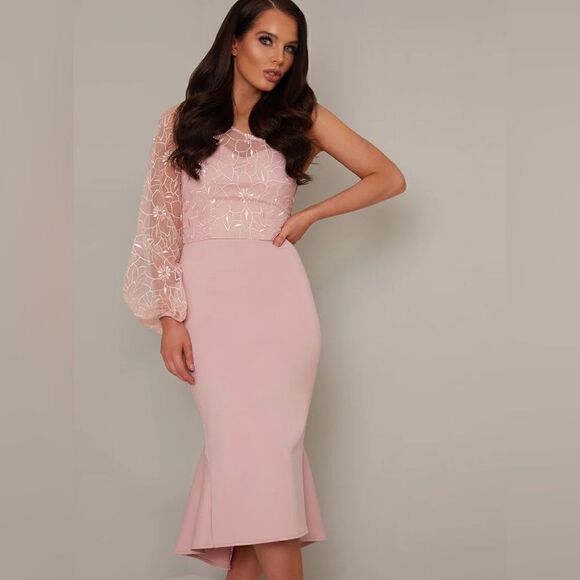 Lace Overlay Bodycon Peplum Hem Midi Dress in Pink - Picture 1 of 4